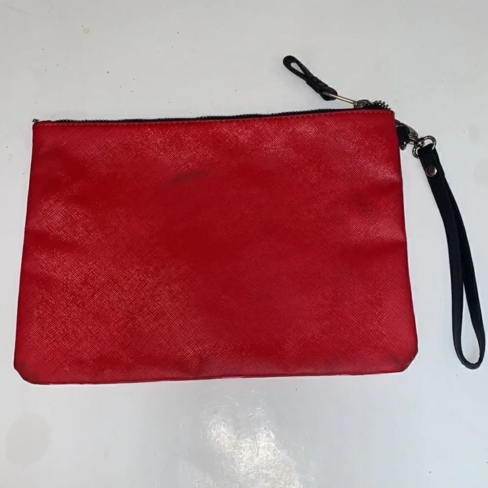 Red coated canvas Victoria’s Secret large wristlet make up bag